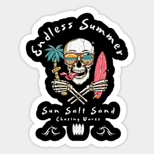 Endless Summer T-Shirt: Skull with Surfboard & Sunglass-Wearing Palm Tree - Surfwear Tee Sticker